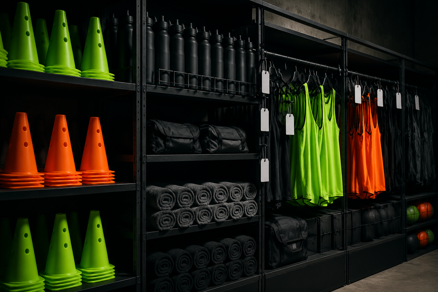 Unbranded sports kit arranged on a black shelf wall